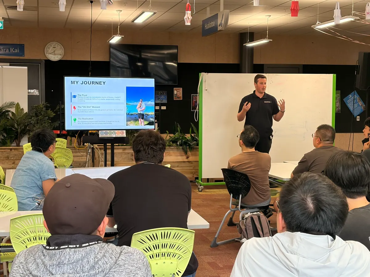 Blake Harkness presenting his My Journey slide at the Young Kiwis in AI meetup in Hamilton